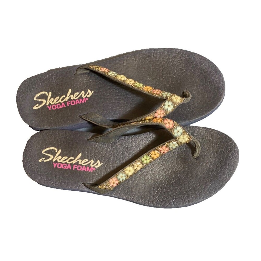 Skechers Yoga Foam Flip Flops/Sandals~Flowers/Sparkle/Rhinestone 11 2E/Xtra Wide - Picture 2 of 3